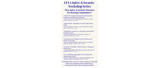 EPAA Safety & Security Workshop Series..."Best Safety & Security Practices for Housing Communities" Crime Prevention Thru Environmental Design for Multifamily Housing. Wed., 11/12, 9-10:30